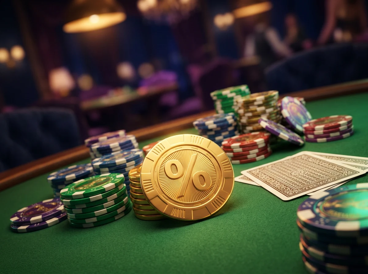 Jetons de casino et cartes à jouer sur une table de jeu éclairée par des lumières tamisées