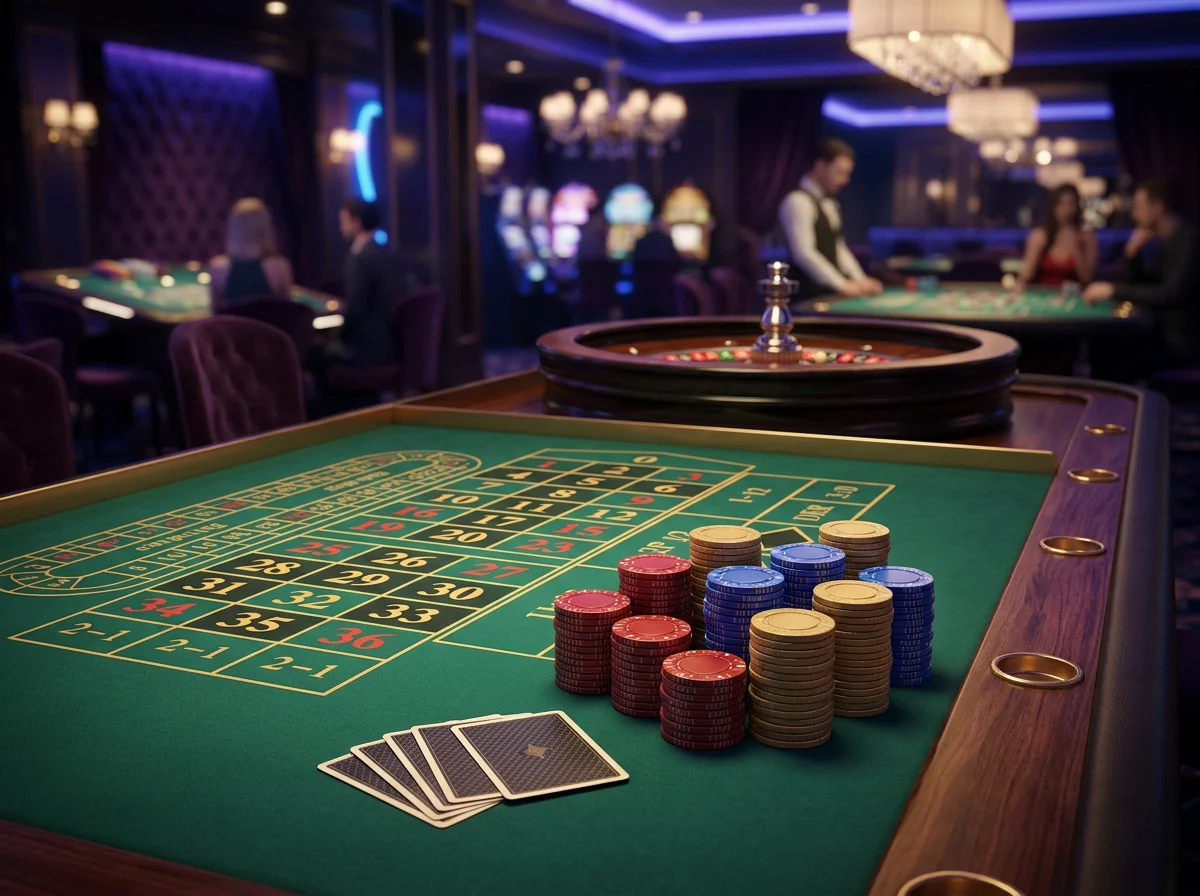Tavolo da casino con fiches colorate e carte da gioco illuminate da luci al neon blu e viola