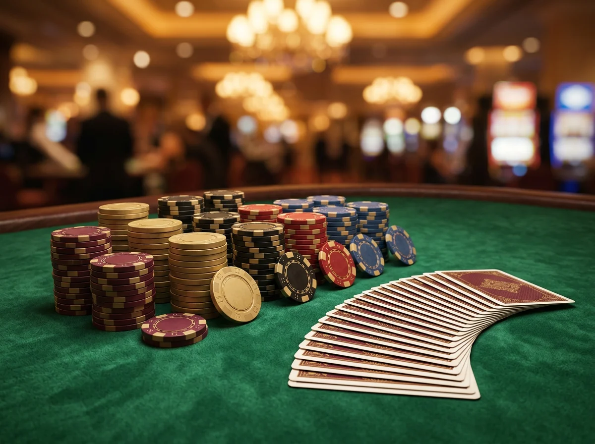 Fiches da casino e carte da gioco su tavolo verde illuminato con luce dorata ambientale
