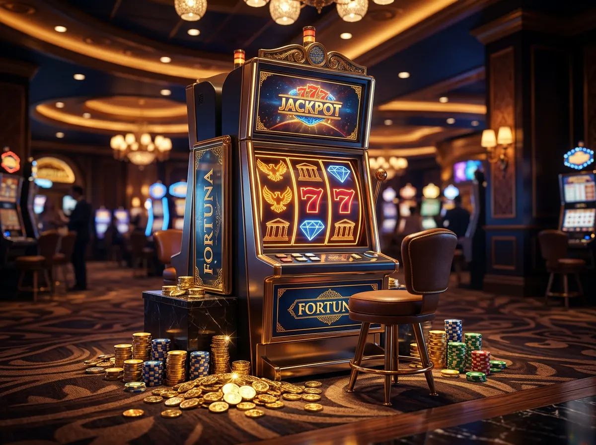 Maquinas de slots iluminadas num ambiente de casino com fichas e moedas douradas representando bonus sem deposito