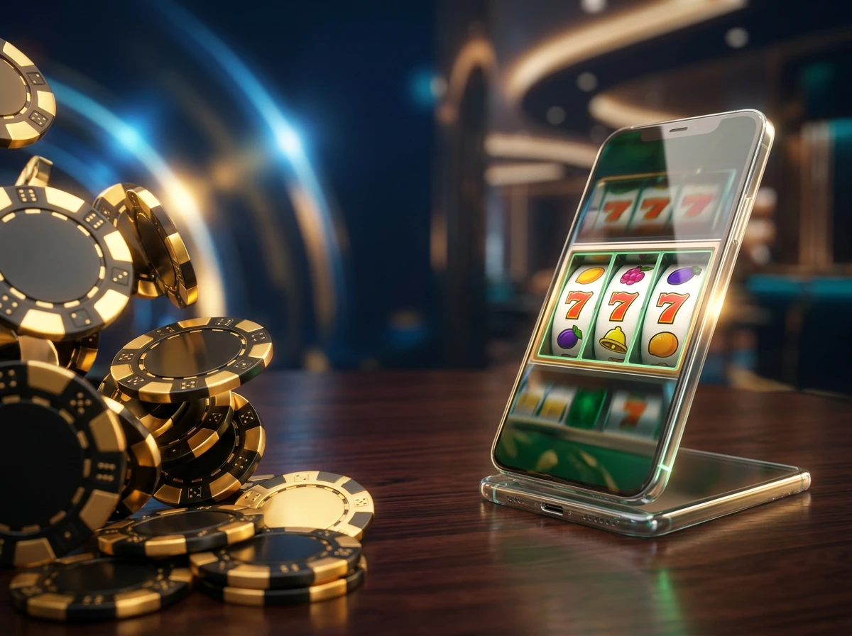 Fiches da casino e slot machine illuminate su un tavolo da gioco con atmosfera dorata e blu