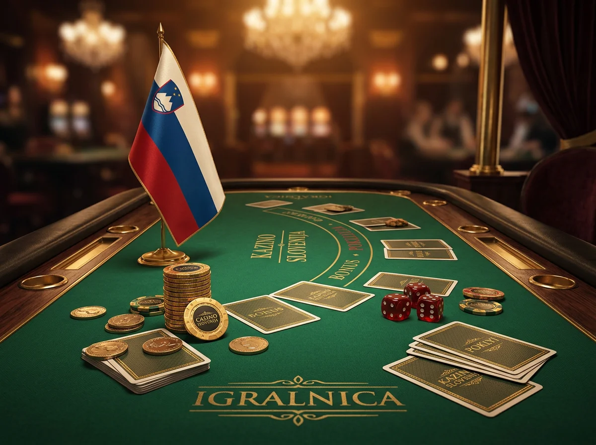 Spletna igralnica z zlatimi zetoni in kartami na zeleni mizi v elegantnem vzdusju