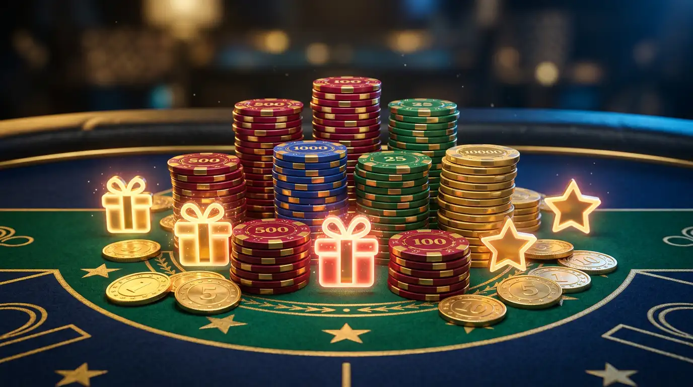 Illuminated casino chips and bonus symbols arranged on a dark gaming table reflecting golden light