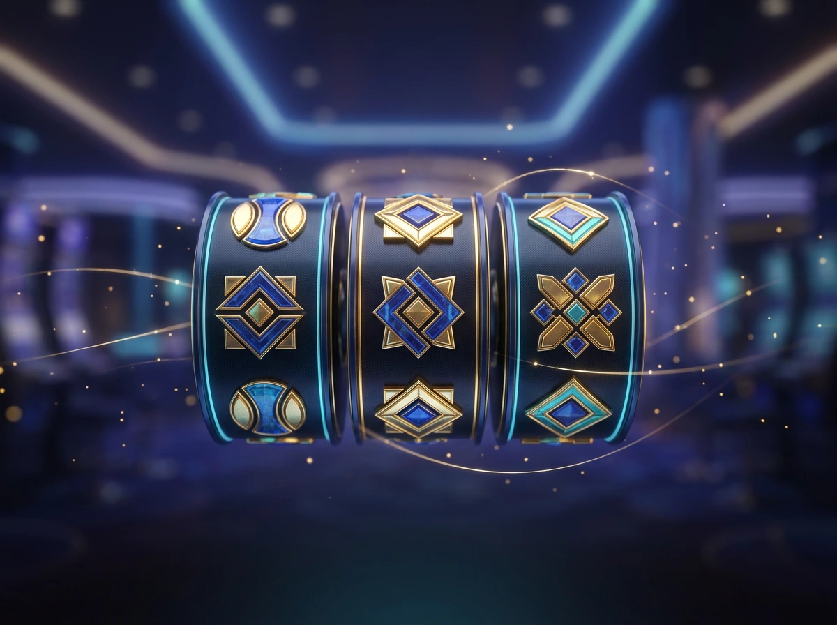 Maquinas de slots online com simbolos coloridos e ambiente de casino digital em tons de azul e dourado