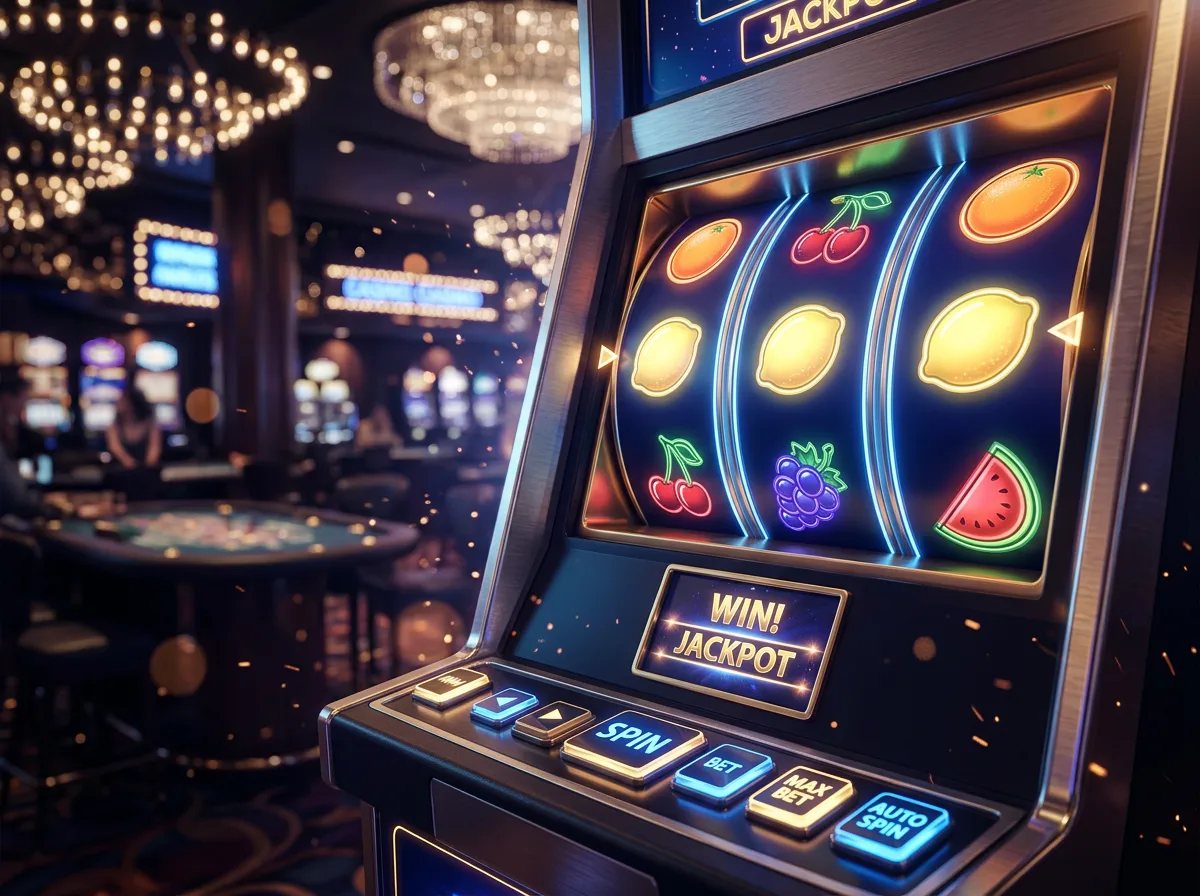 Slot machine digital com simbolos coloridos num ambiente de casino moderno em Portugal