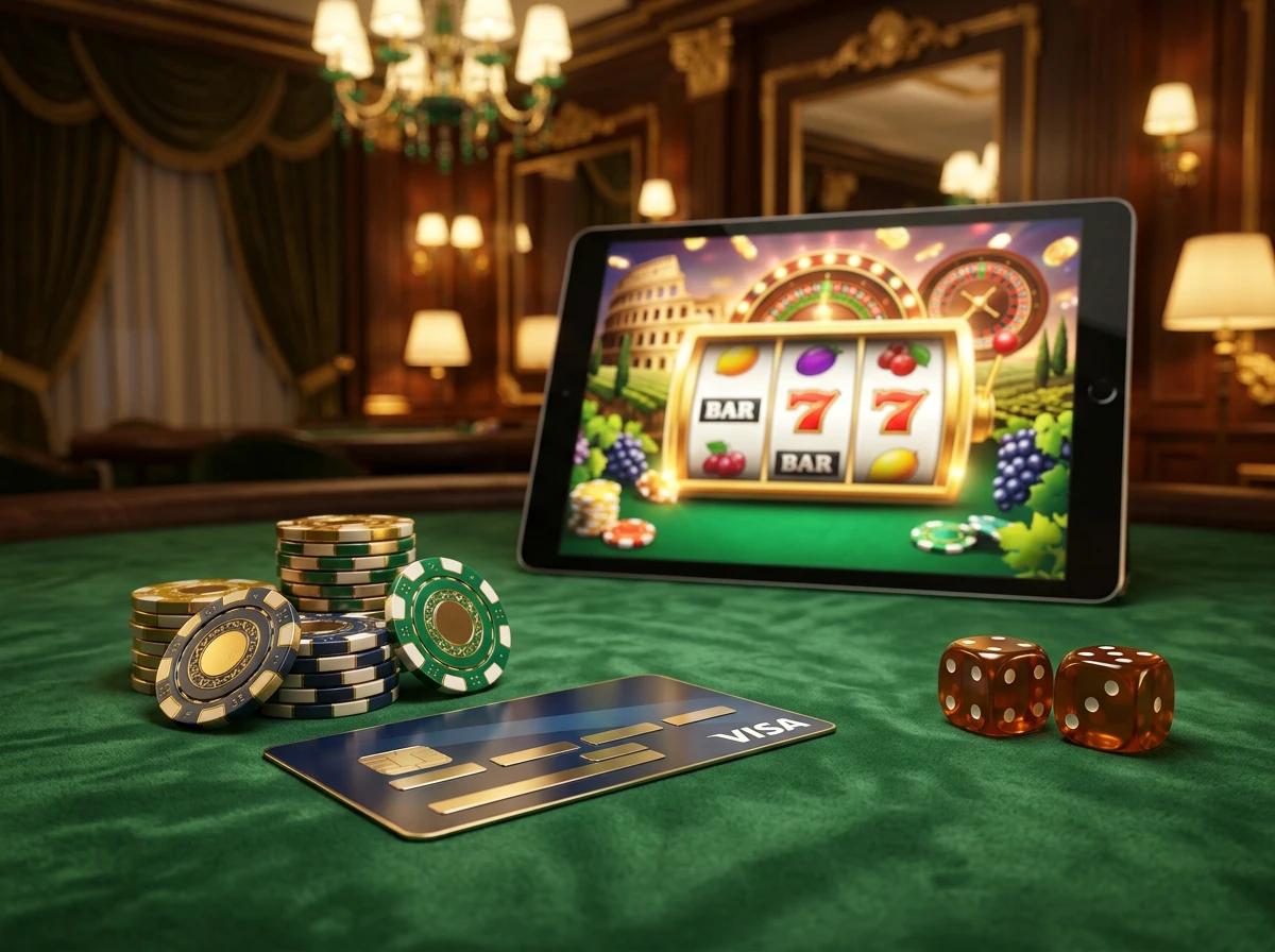 Carta Visa su un tavolo da gioco in un casino online italiano con fiches e luci ambientali