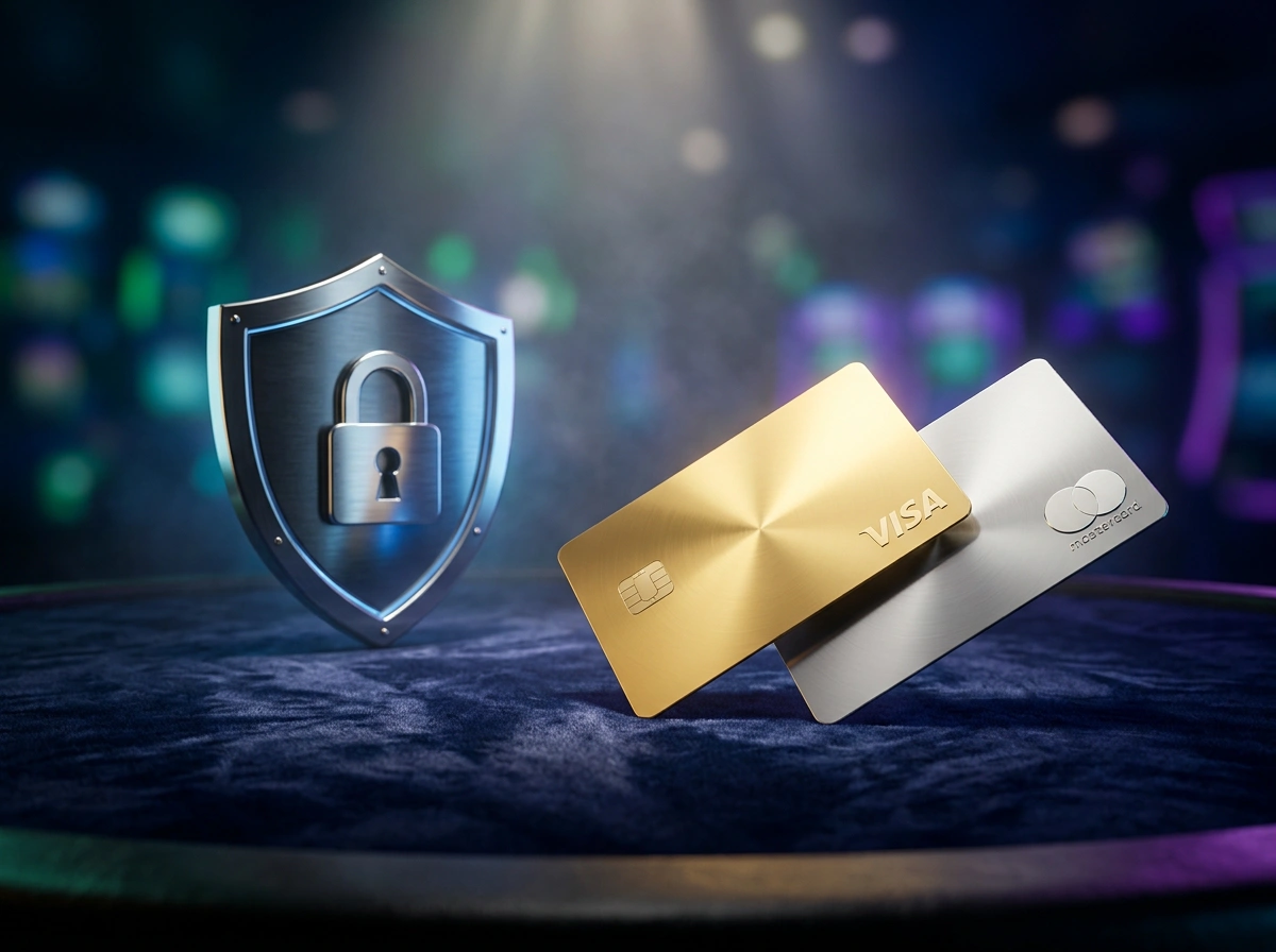 Carte de credit posee sur une table de jeu dans un environnement de casino en ligne avec eclairage tamisee
