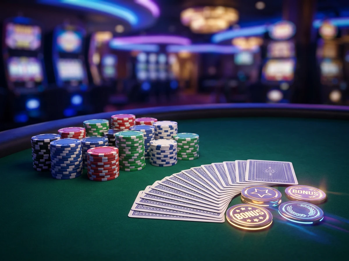 Speelfiches en bonuselementen op een online casinotafel in neonverlichting