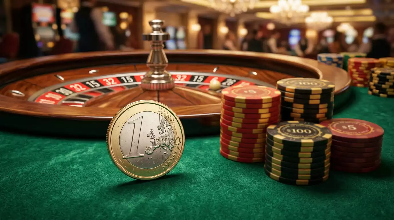 Mesa de casino iluminada con fichas y una moneda de un euro en primer plano representando el deposito minimo