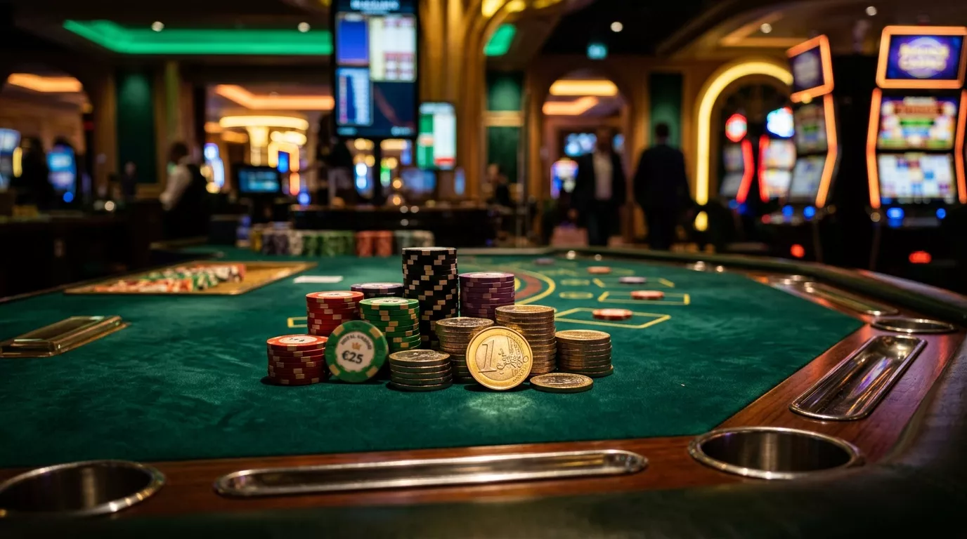 Mesa de casino online con fichas y monedas de diez euros sobre fondo oscuro iluminado con luces neon