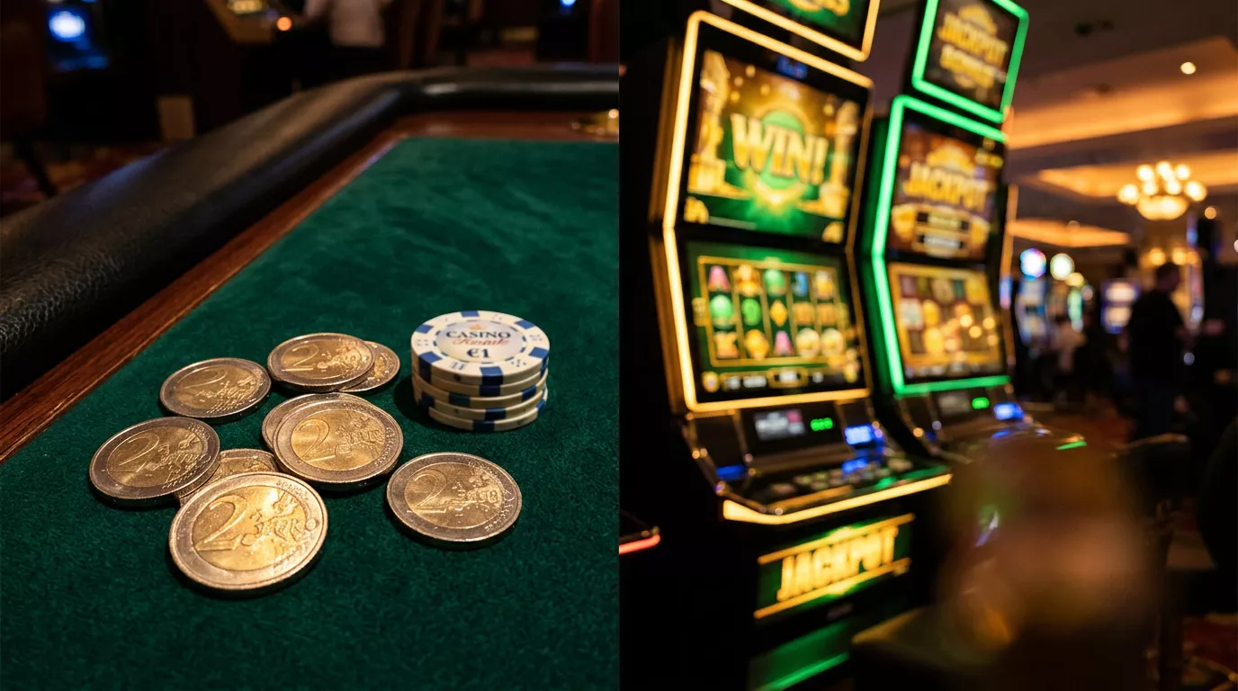 Mesa de casino iluminada con fichas de bajo valor y monedas de dos euros representando el deposito minimo en casinos en linea