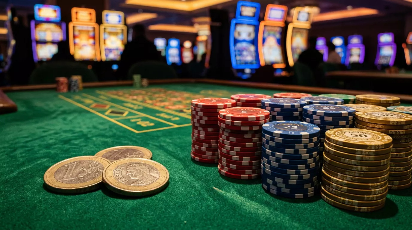 Mesa de casino con fichas apiladas y monedas de euro reflejando luces de neon en tonos dorados y azules
