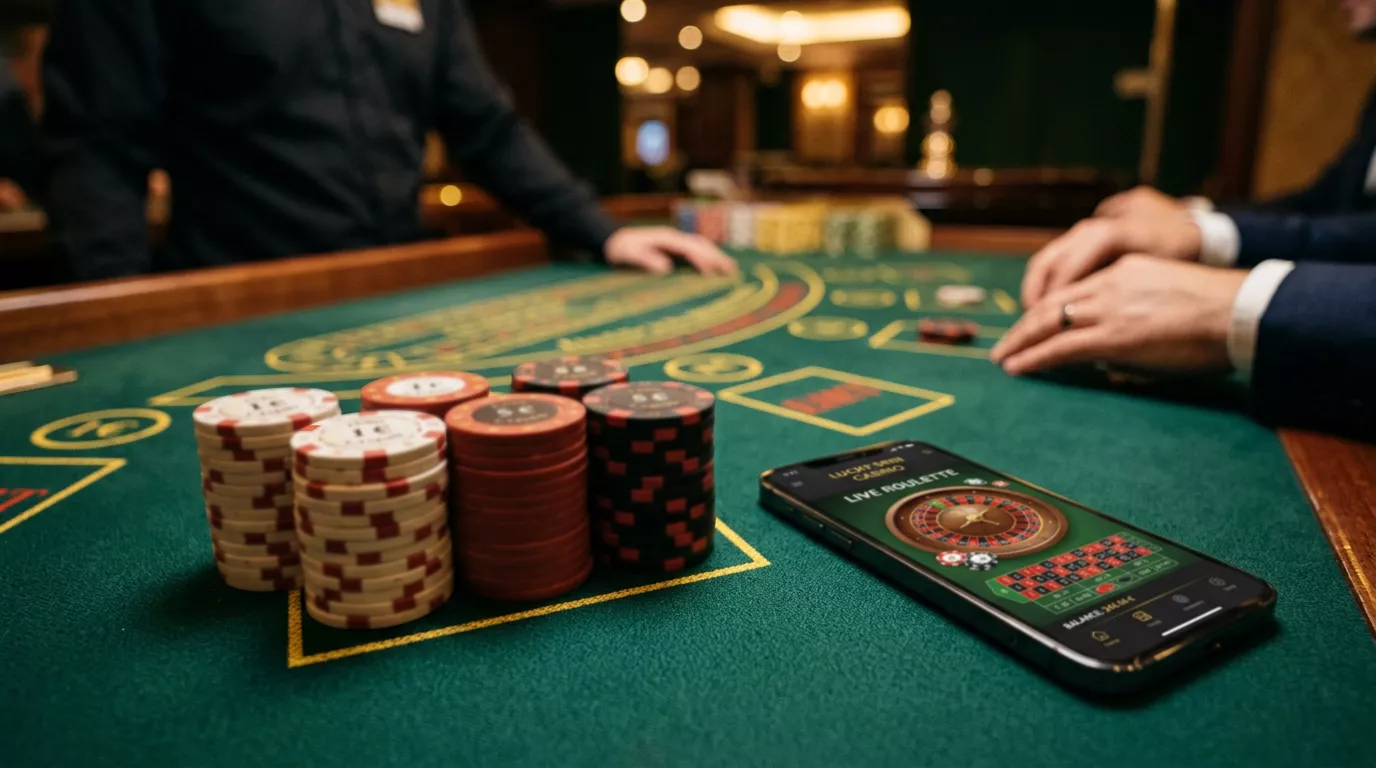 Mesa de casino iluminada con fichas de bajo valor representando depositos minimos de cinco euros en casinos en linea