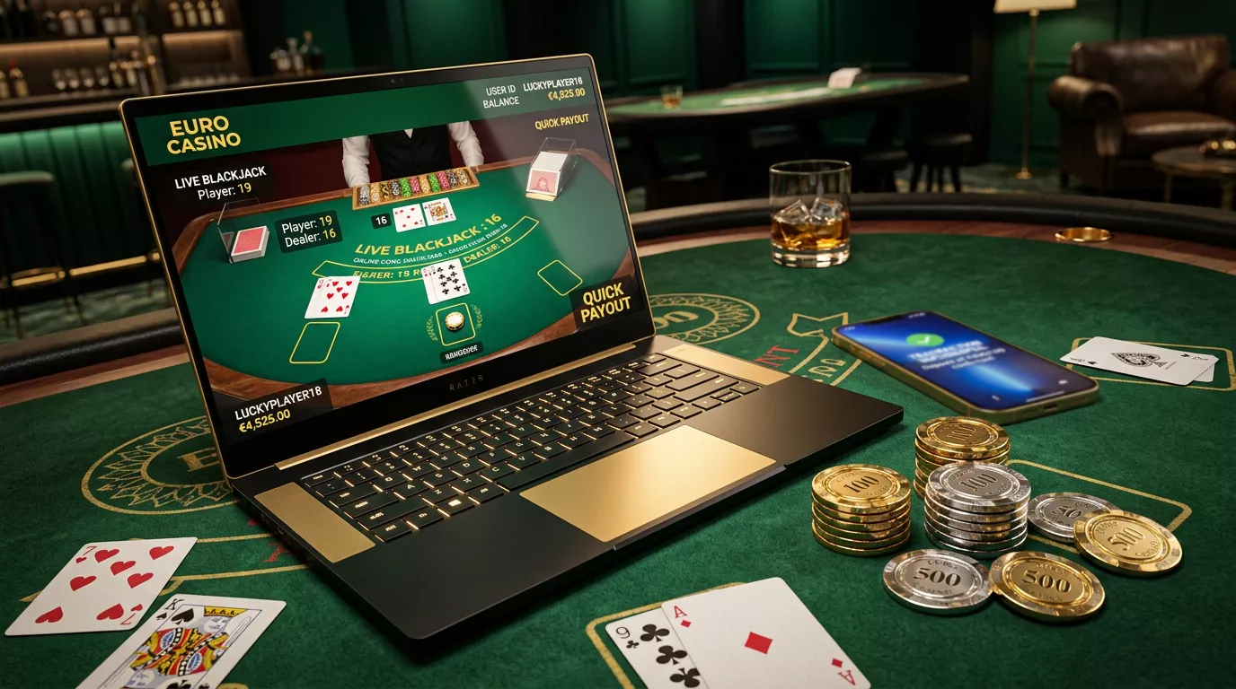 Mesa de casino online con fichas doradas y pantalla mostrando retiro instantaneo de ganancias