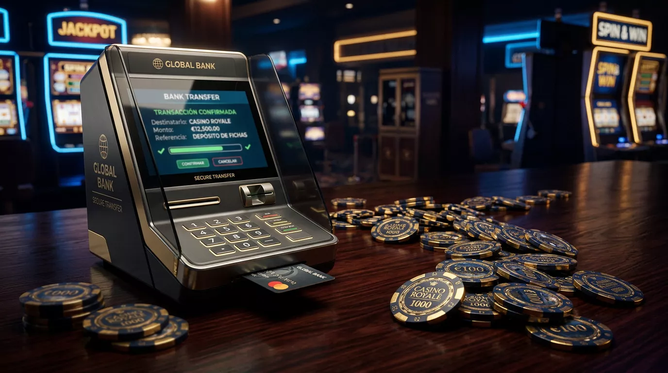 Mesa de casino online con interfaz de transferencia bancaria y elementos de seguridad digital