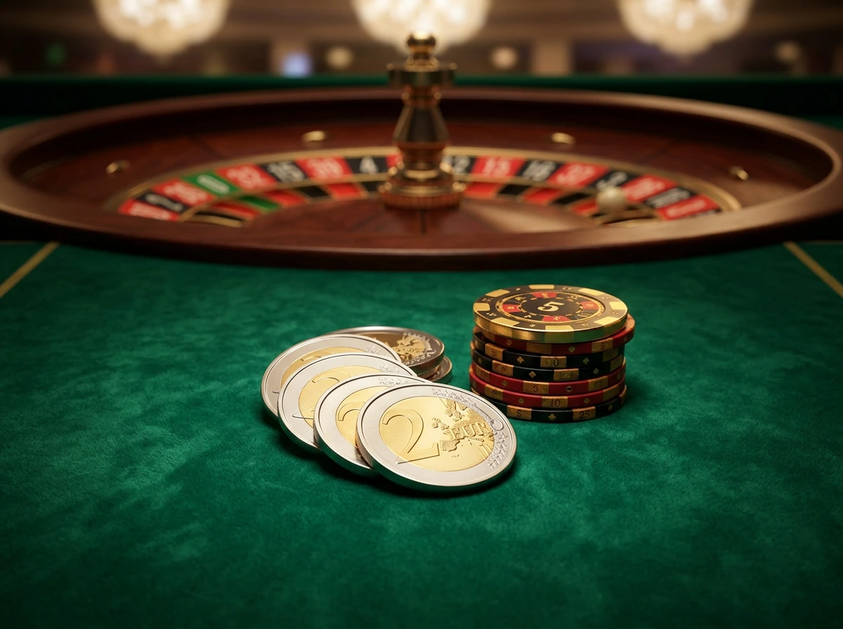 Fiches da casino e monete da due euro su un tavolo da gioco verde con luce soffusa