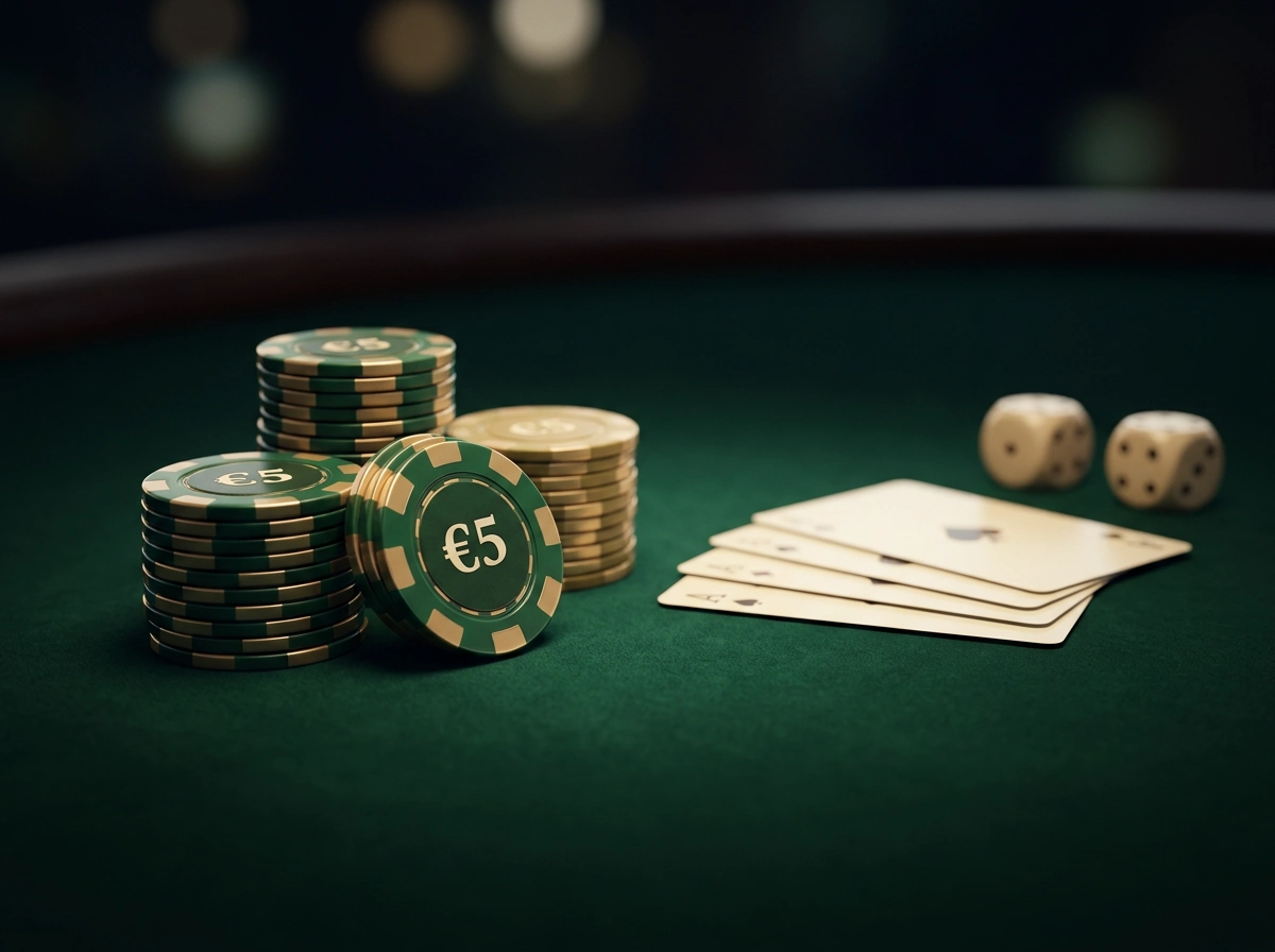 Tavolo da gioco con fiches e carte in un ambiente elegante che rappresenta il deposito minimo di cinque euro nei casino online italiani