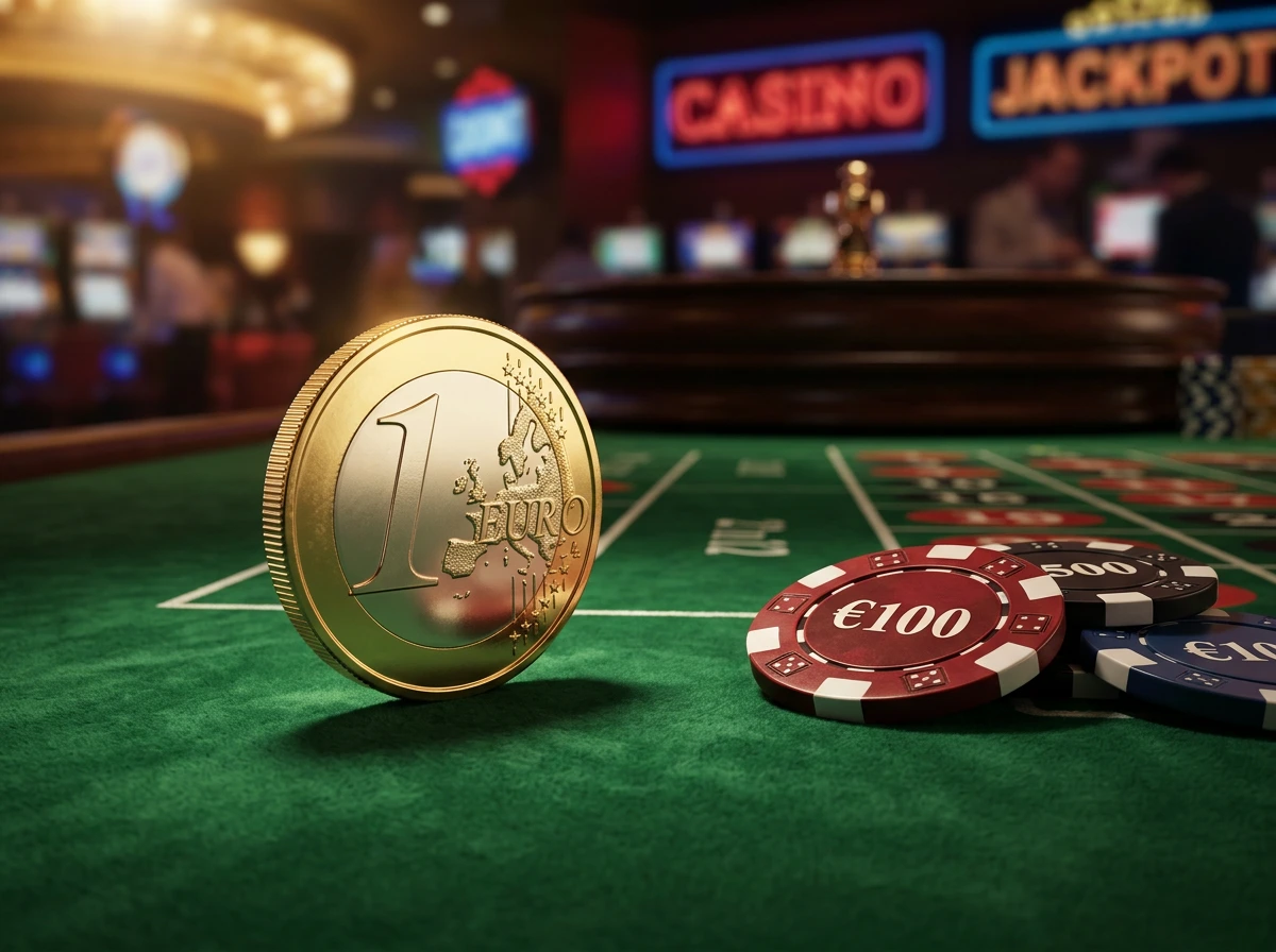 Fiches da casino e moneta da un euro su un tavolo da gioco verde illuminato da luci soffuse