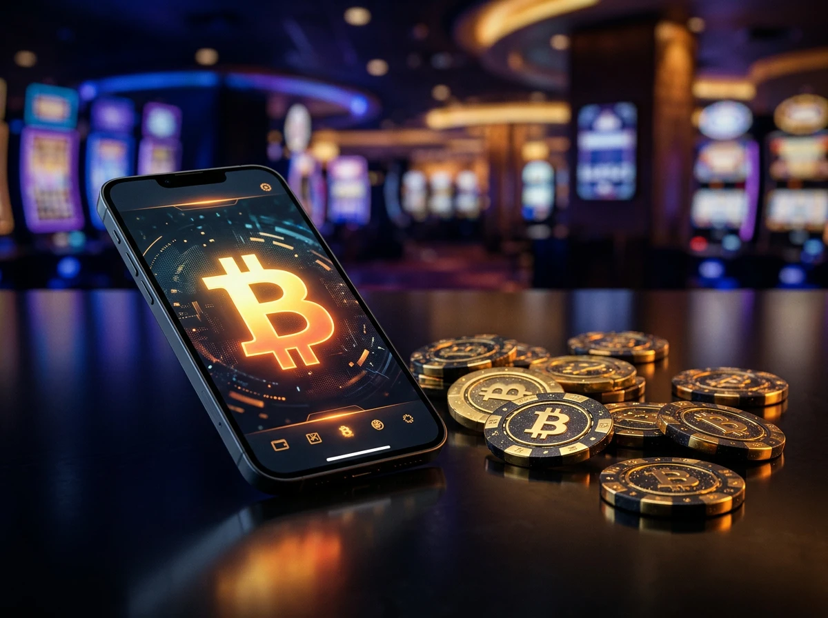 Smartphone com simbolo Bitcoin e fichas de casino num ambiente digital futurista representando jogos moveis com criptomoeda