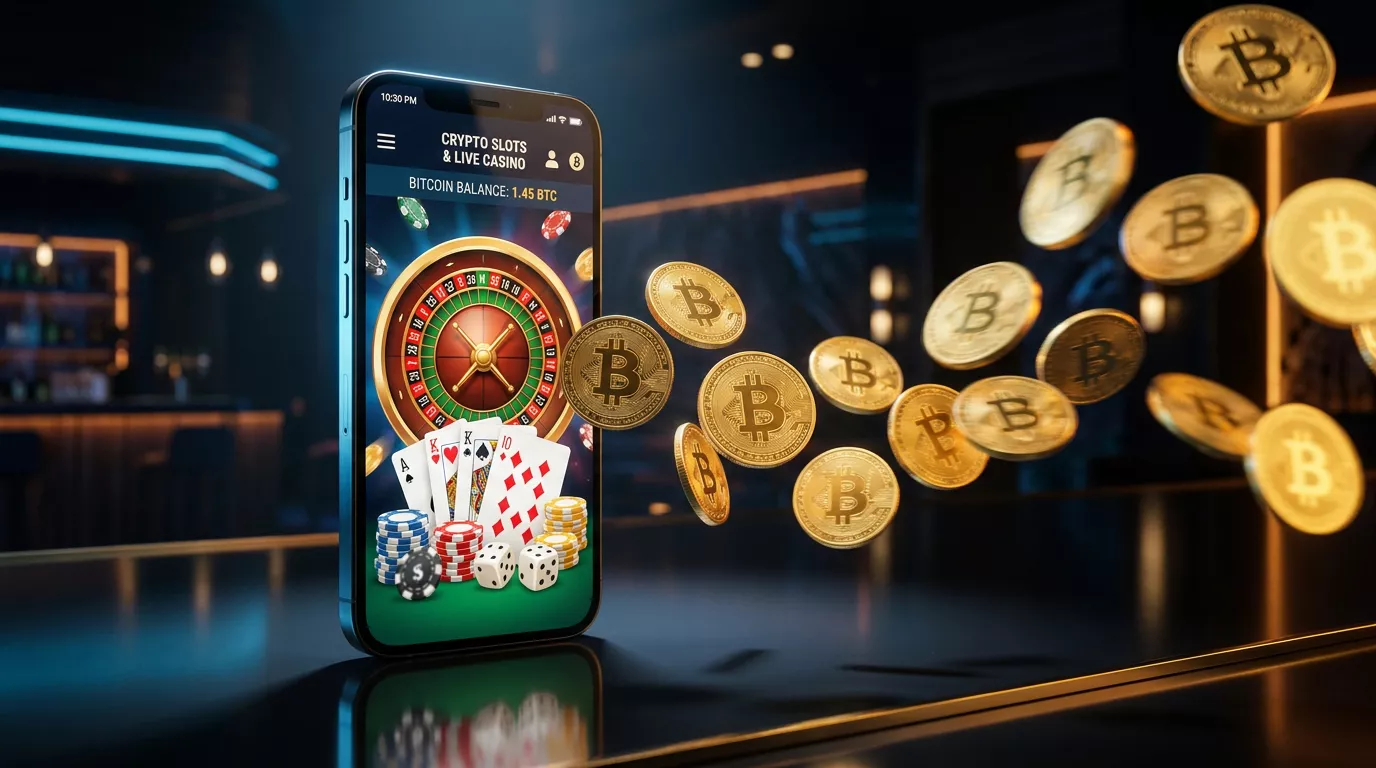 Smartphone mostrando interfaz de casino movil con simbolo de Bitcoin y fichas de juego sobre fondo oscuro con luces neon