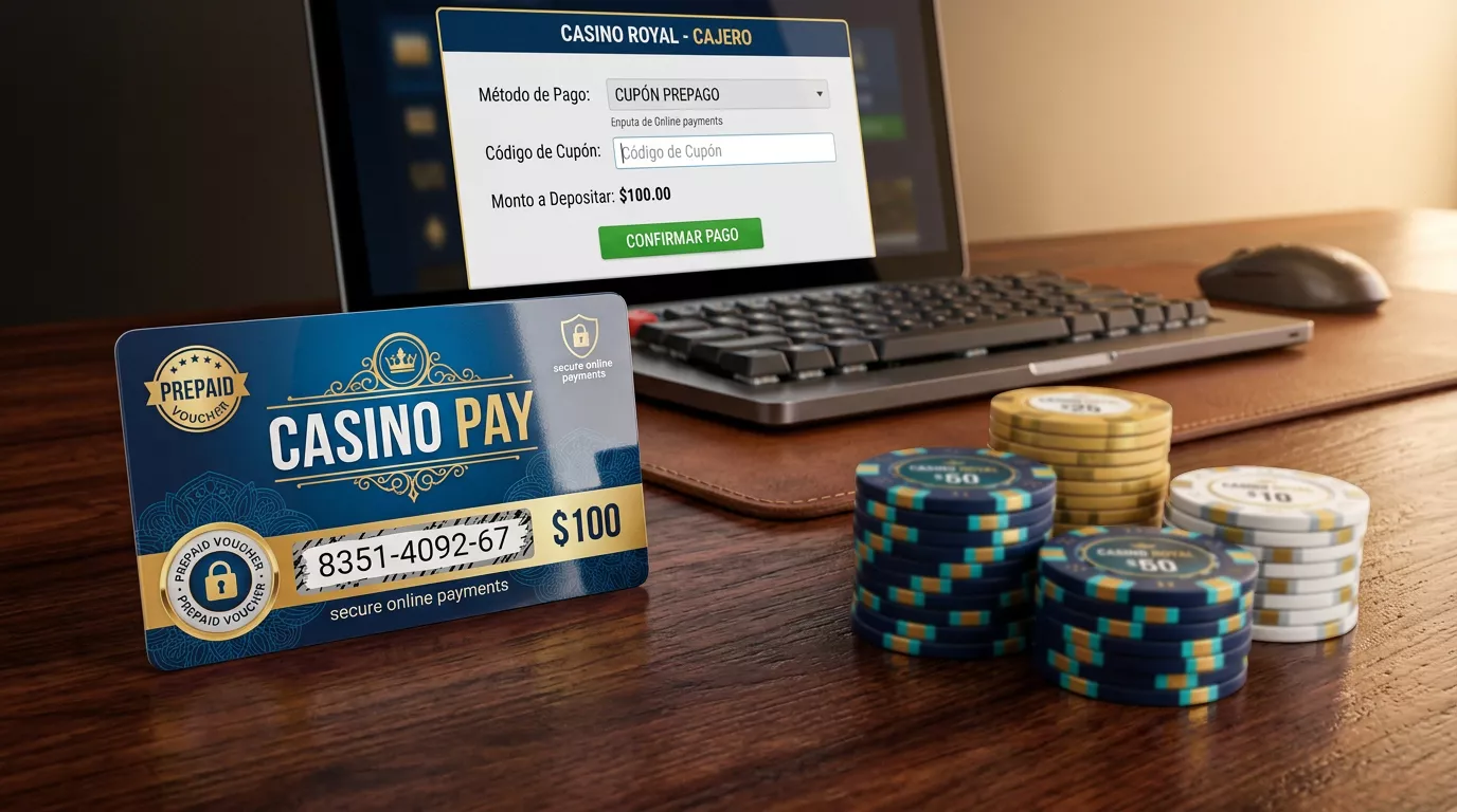 Voucher prepago Neosurf junto a fichas de casino y dispositivos electronicos sobre una mesa iluminada con tonos azules y dorados