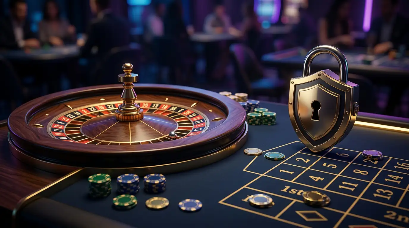 Spieltisch in einem Online-Casino mit Roulette, Chips und einem Sicherheitssymbol als Darstellung von Casinos ohne Verifizierung in Deutschland