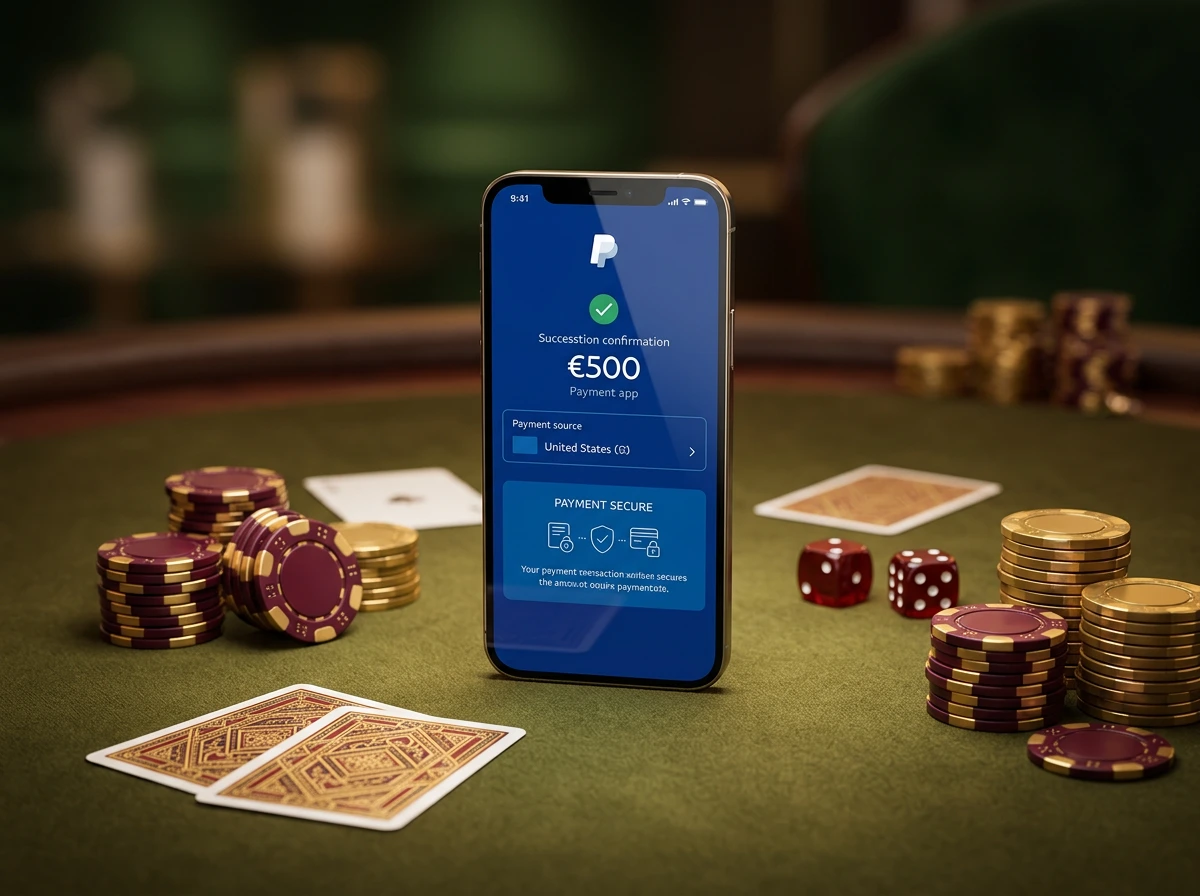 Scena di pagamento digitale con PayPal in un casino online italiano su schermo di smartphone con chip e carte da gioco sullo sfondo