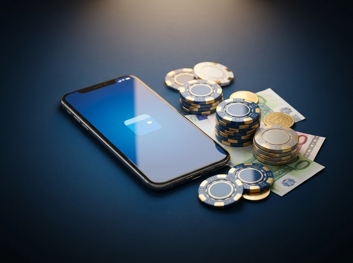 Smartphone a mostrar a aplicacao PayPal junto a fichas de casino e euros sobre mesa elegante