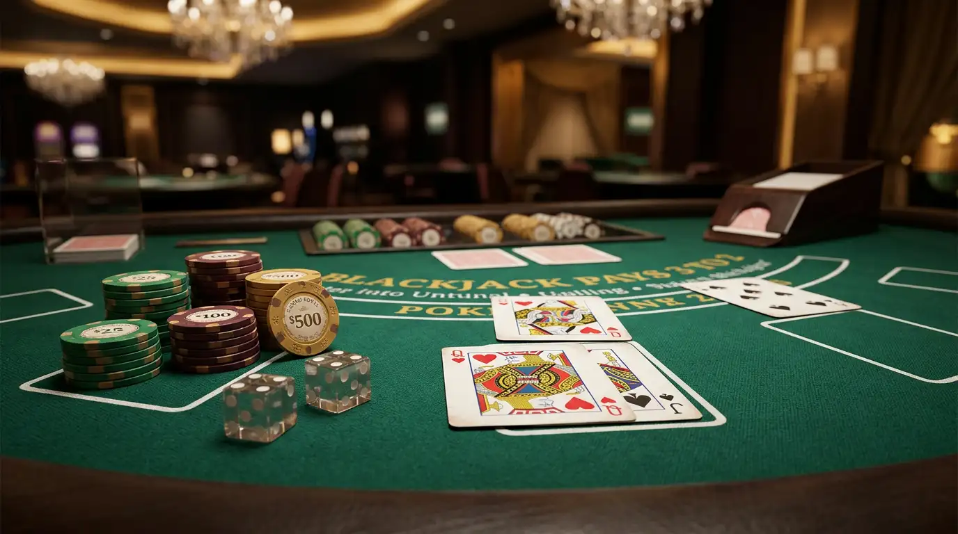 Atmospheric casino table setting with cards and chips under dramatic lighting