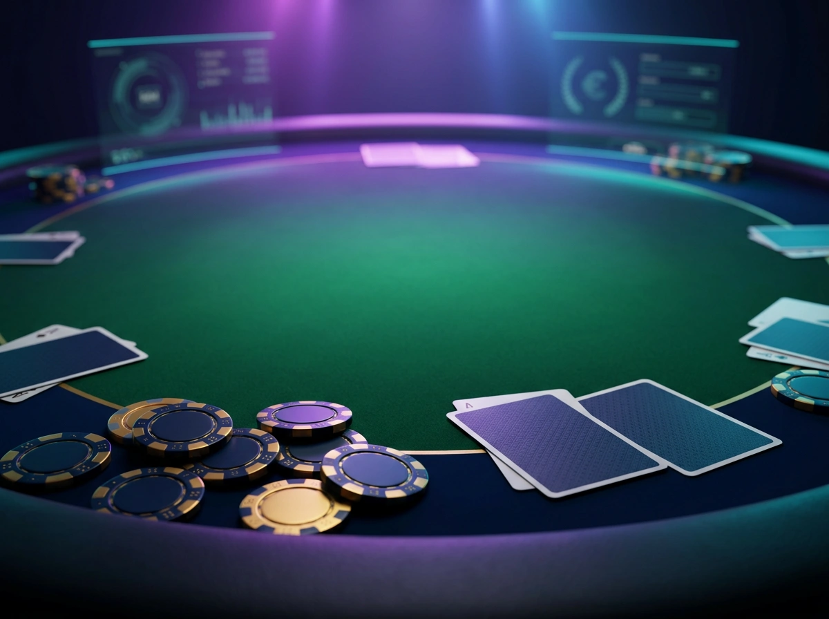 Table de jeu avec jetons et cartes dans un decor de casino numerique eclaire par des lumieres neon