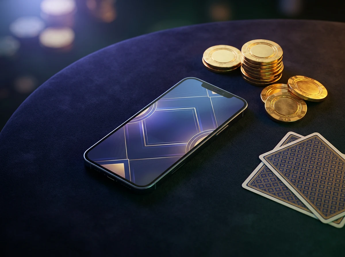 Table de jeu avec des jetons dores et un smartphone illustrant l'acces rapide a un casino en ligne sans verification d'identite