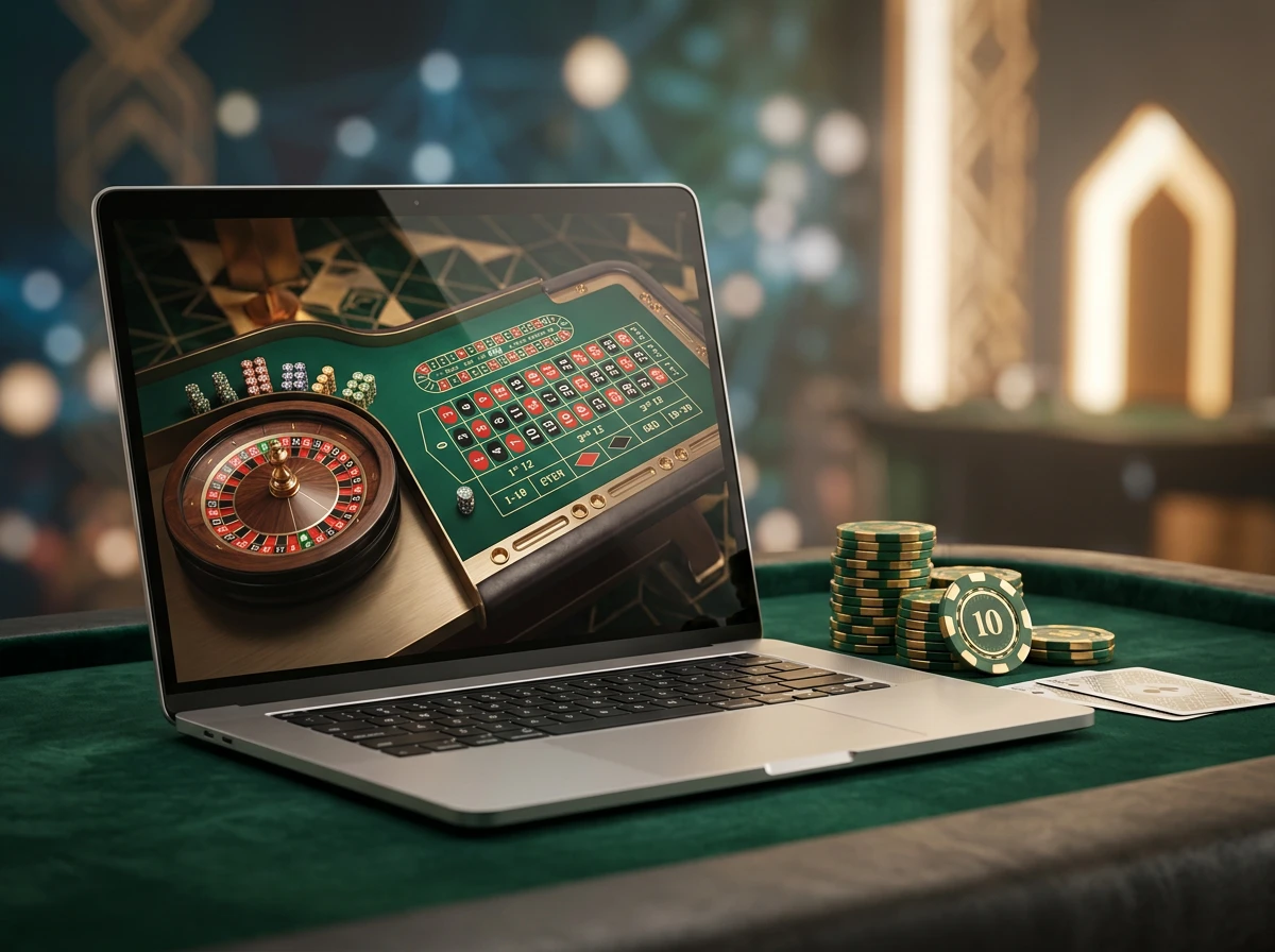 Mesa de casino online com fichas e cartas num ambiente digital seguro