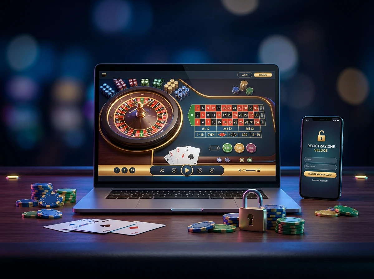 Scena con laptop e smartphone che mostrano interfacce di casino online con fiche e simbolo di accesso libero senza verifica