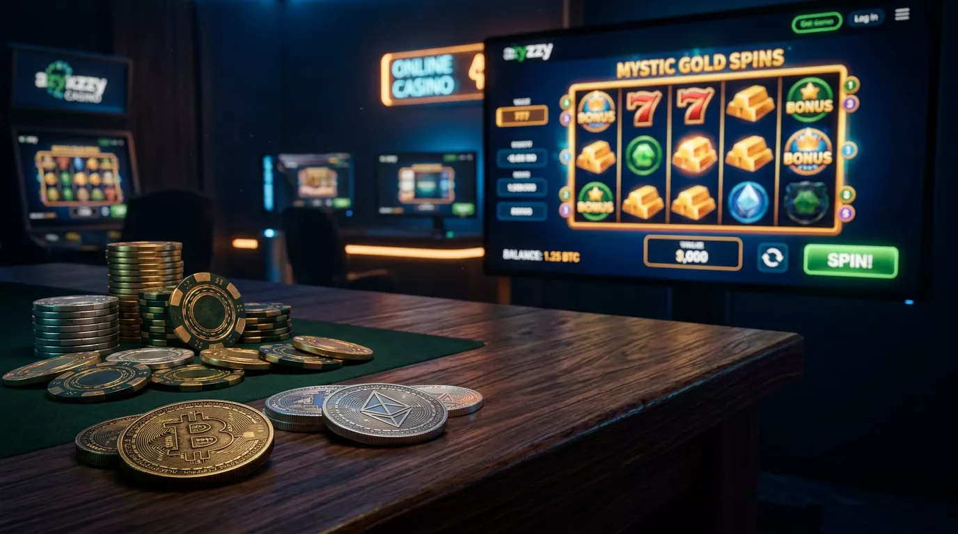 Mesa de casino iluminada con fichas y criptomonedas reflejando el concepto de juego anonimo sin verificacion de identidad