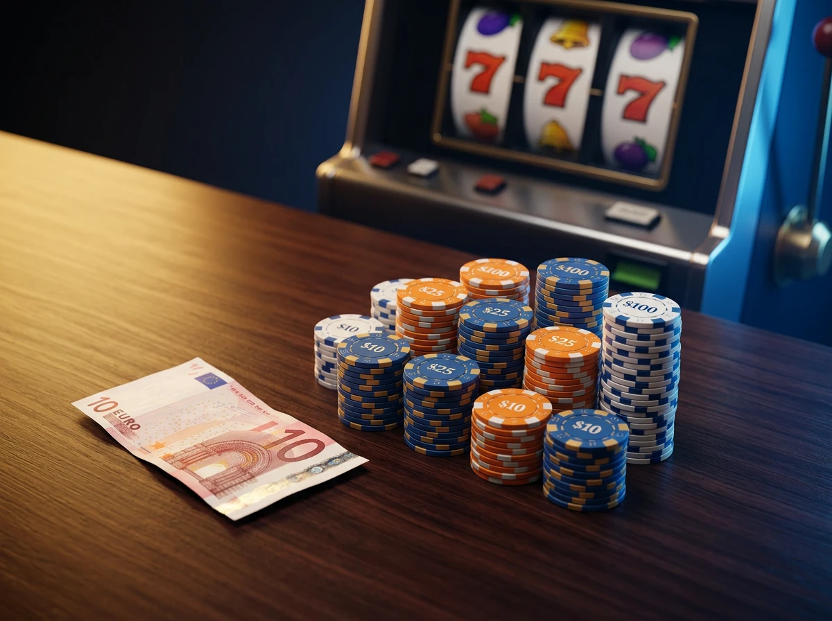 Online casino speeltafel met fiches en een storting van tien euro in Nederlandse setting