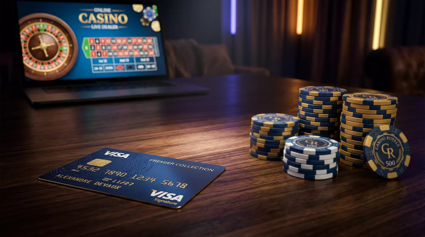 Tarjeta Visa junto a fichas de casino y pantalla de juego en linea representando depositos en casinos digitales