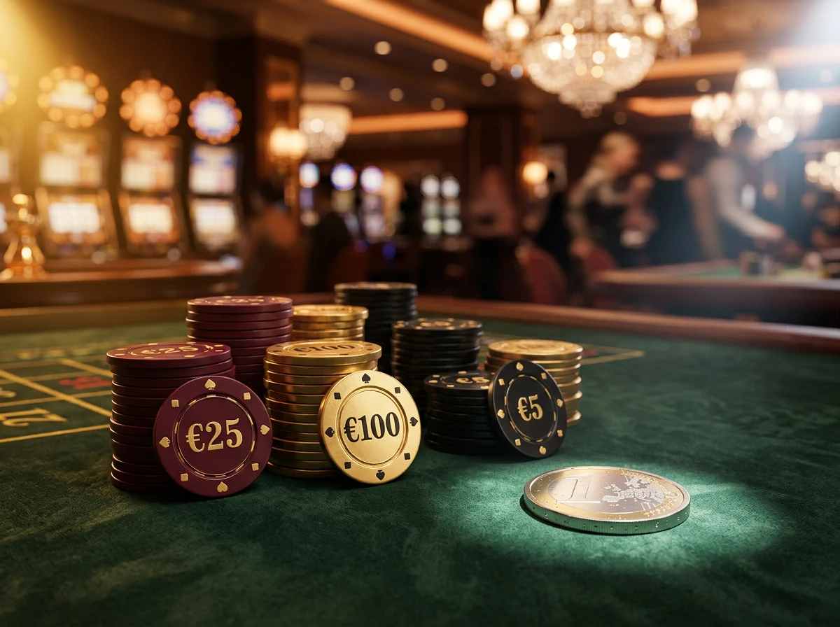 Jetons de casino et table de jeu eclaires par une lumiere tamisee, symbolisant le depot minimum de 1 euro dans les casinos en ligne