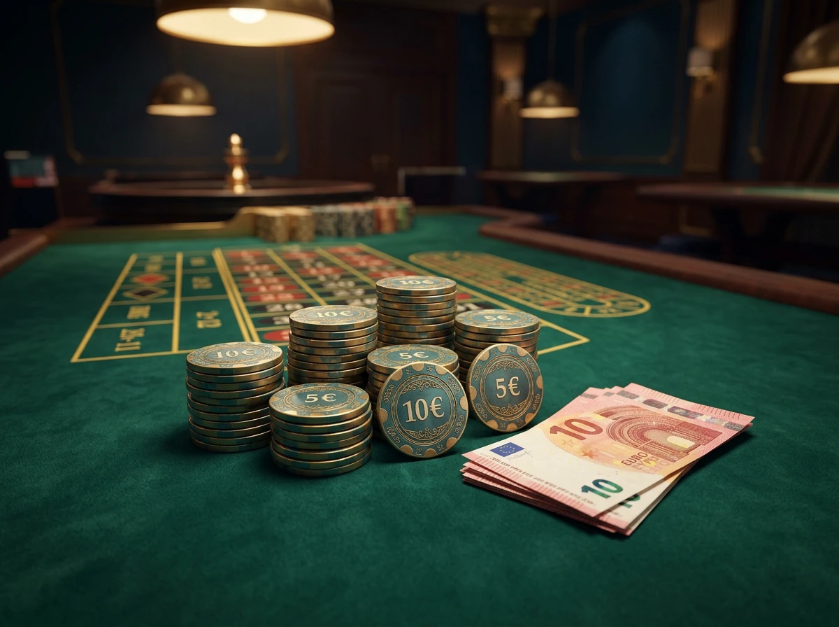Jetons de casino et cartes a jouer poses sur une table de jeu eclairee par une lumiere tamisee evoquant un depot minimum de 10 euros