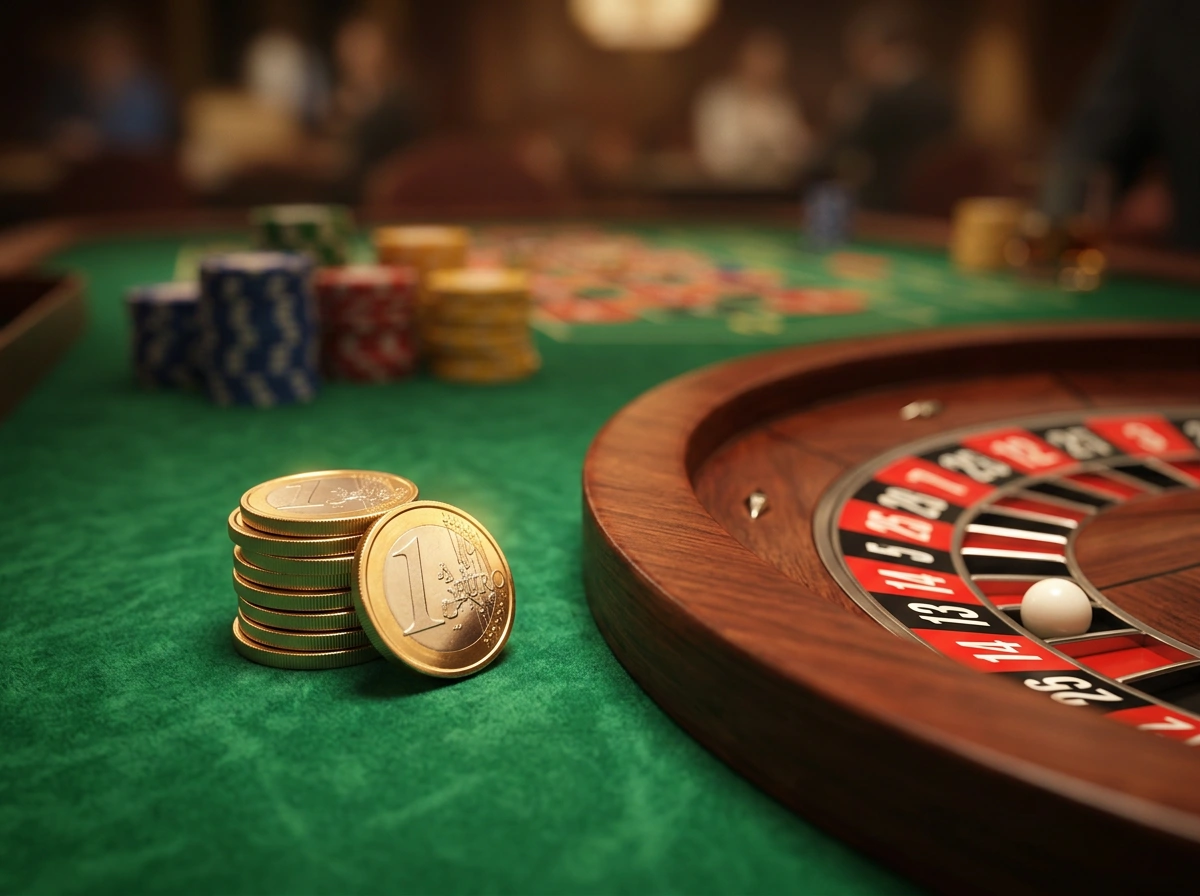 Jetons de casino et roulette sur une table de jeu dans une ambiance tamisee evoquant un depot minimal de 5 euros