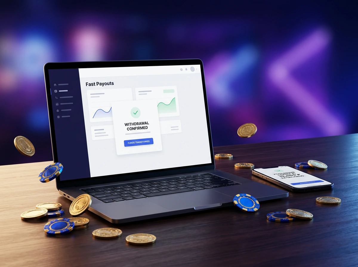 Bureau d'un joueur en ligne avec un ordinateur portable affichant un paiement rapide, des jetons de casino et des pieces d'or sur un fond bleu neon