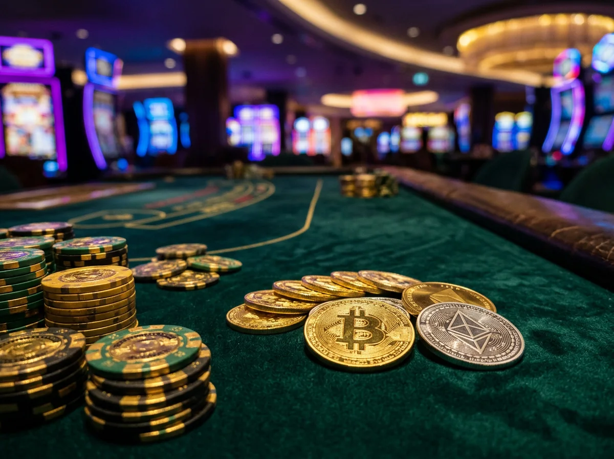 Jetons de casino dores et pieces de cryptomonnaie Bitcoin et Ethereum disposes sur un tapis de jeu vert sous un eclairage neon violet et bleu