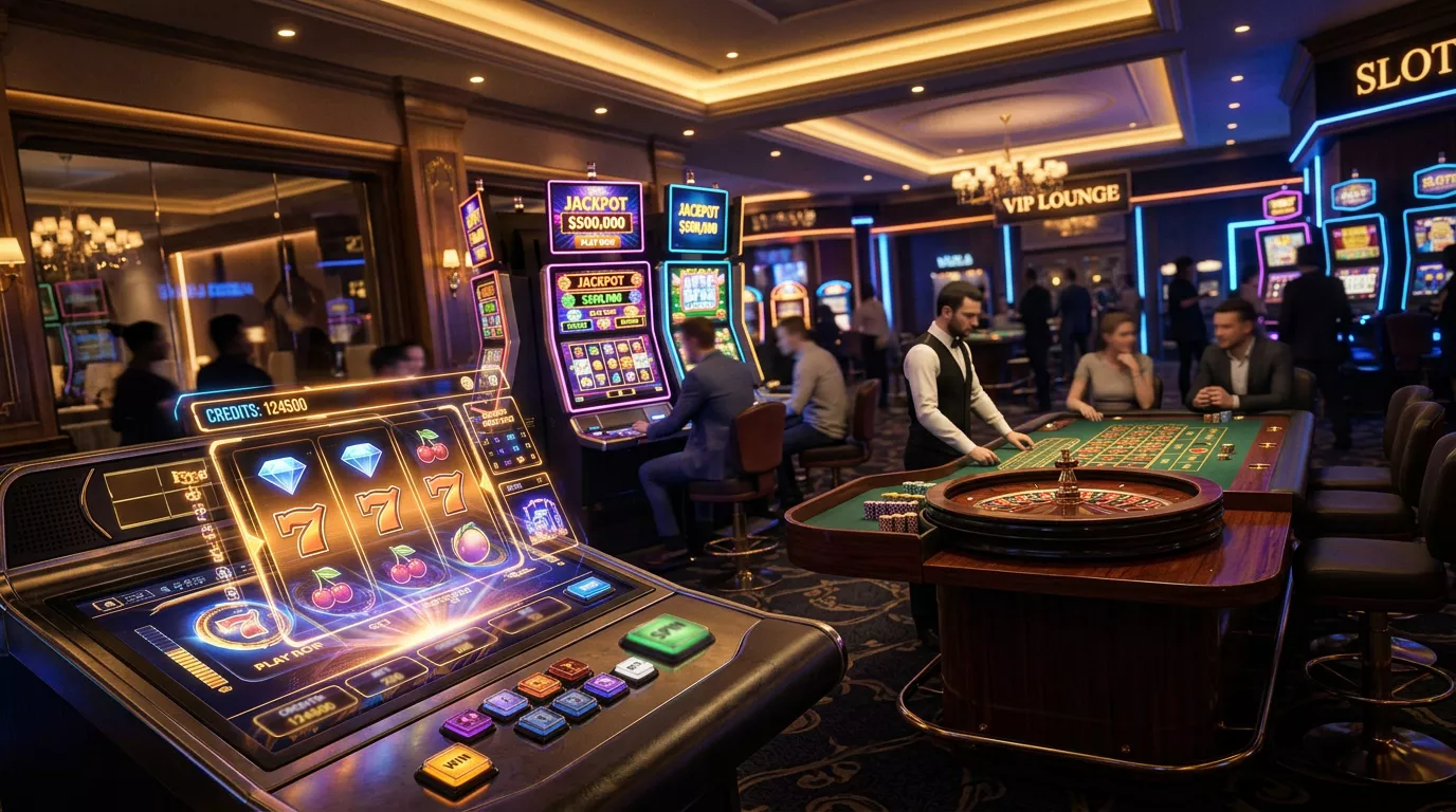 Mesa de casino con tragamonedas y ruleta iluminada en tonos dorados representando la tecnologia de Playtech