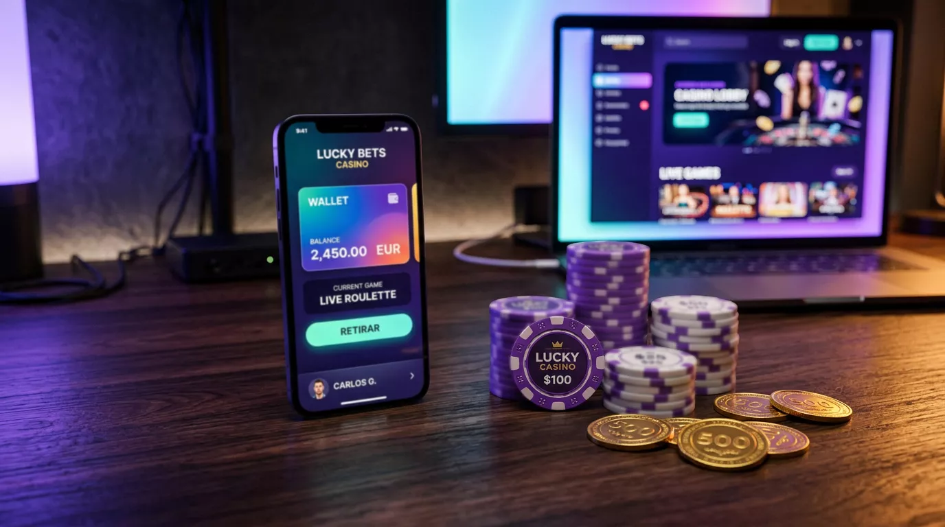 Monedero electronico Skrill junto a fichas de casino y dispositivos digitales sobre mesa oscura iluminada con luces neon azules y doradas