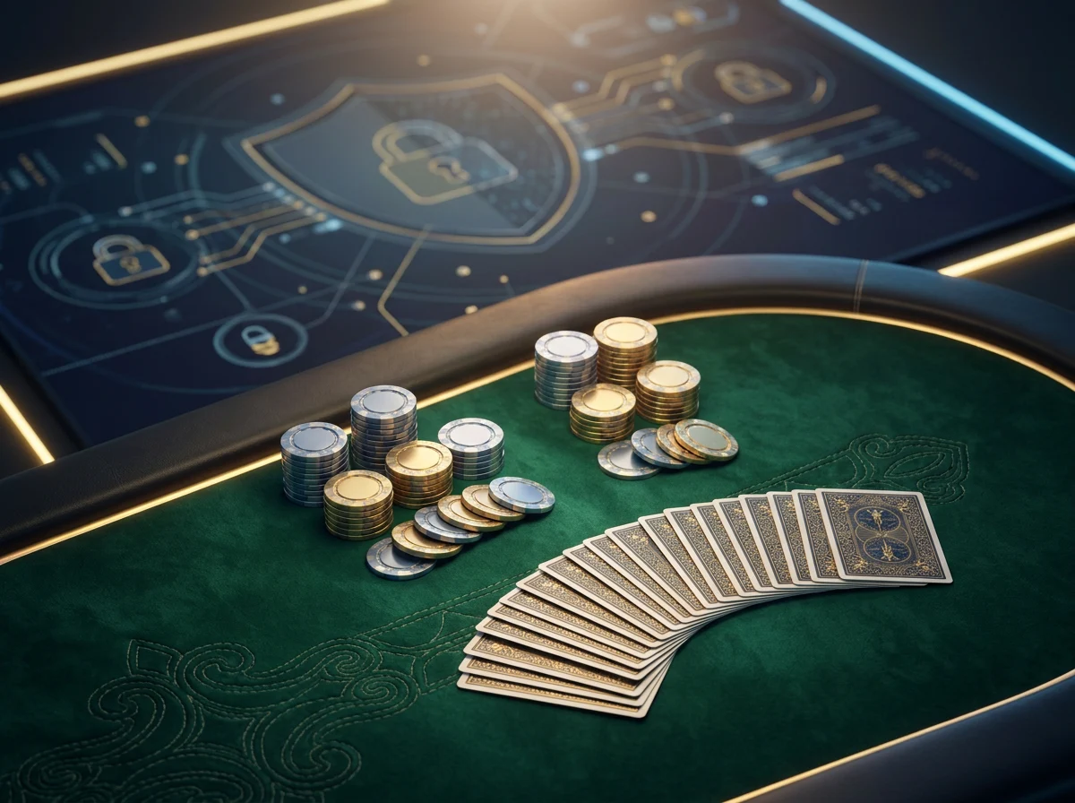Table de jeu dans un casino en ligne legal en France avec jetons, cartes et eclairage tamisee