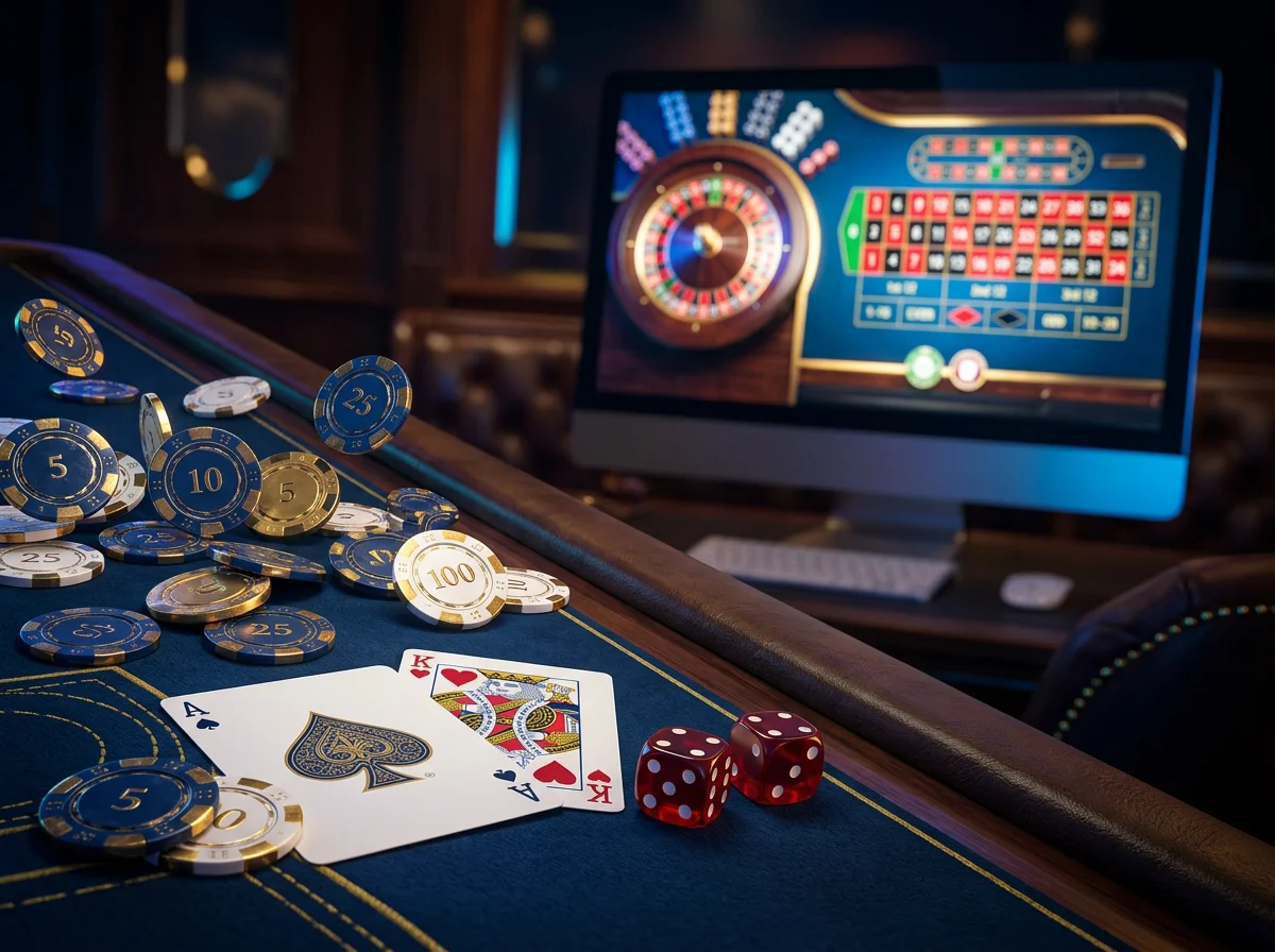 Table de casino en ligne avec jetons et cartes dans une ambiance tamisee evoquant le jeu en ligne securise en France