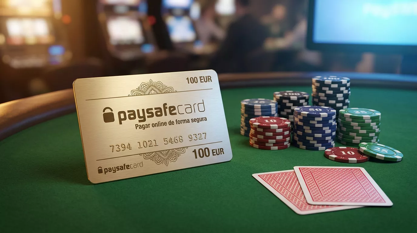 Voucher prepago de Paysafecard junto a fichas de casino sobre una mesa iluminada con tonos dorados y azules