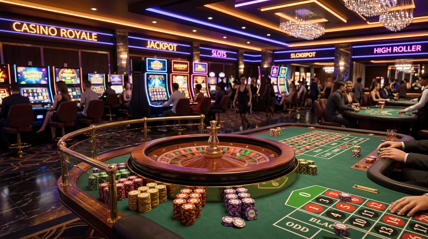 Sala de casino digital con mesa de ruleta, fichas de colores y pantallas de tragamonedas iluminadas en tonos neon