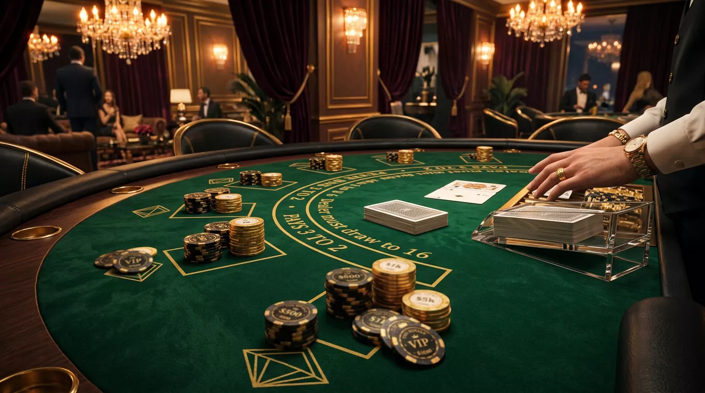 Mesa de casino de alto nivel con fichas doradas y ambiente exclusivo de juego VIP en linea