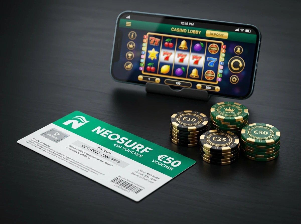 Voucher Neosurf com codigo de 10 digitos junto a fichas de casino e dispositivo movel mostrando plataforma de jogo online