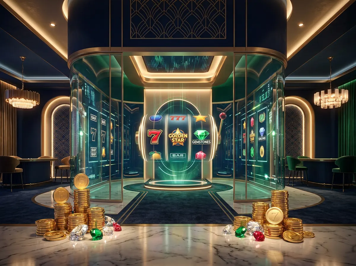 Ambiente sofisticado de casino online com elementos graficos de slots NetEnt e simbolos de jogos digitais em tons dourados e azuis